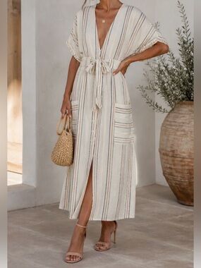 HAPPY NATURE Striped Cream Asymmetrical Tie-Waist Midi Dress 10